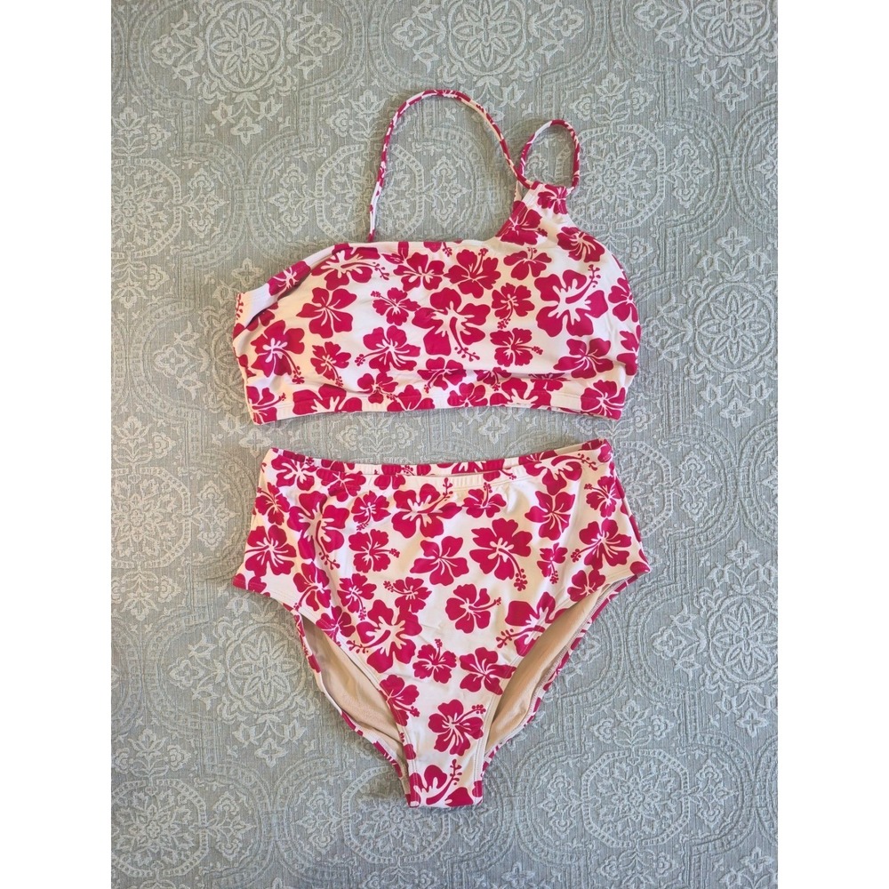Herseas Pink Hibiscus Floral One Shoulder‎ High Waisted Bikini Set Two Piece
